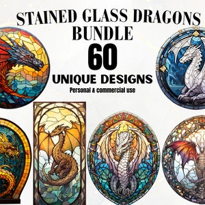 Stained Glass Dragon Art - 60 Stained Glass Design Bundle, Digital, Glass Patterns, Decor, Wall Art, DIY, Printable, Fantasy Art, Dragons