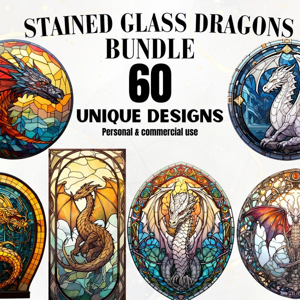 Stained Glass Dragon Art - 60 Stained Glass Design Bundle, Digital, Glass Patterns, Decor, Wall Art, DIY, Printable, Fantasy Art, Dragons