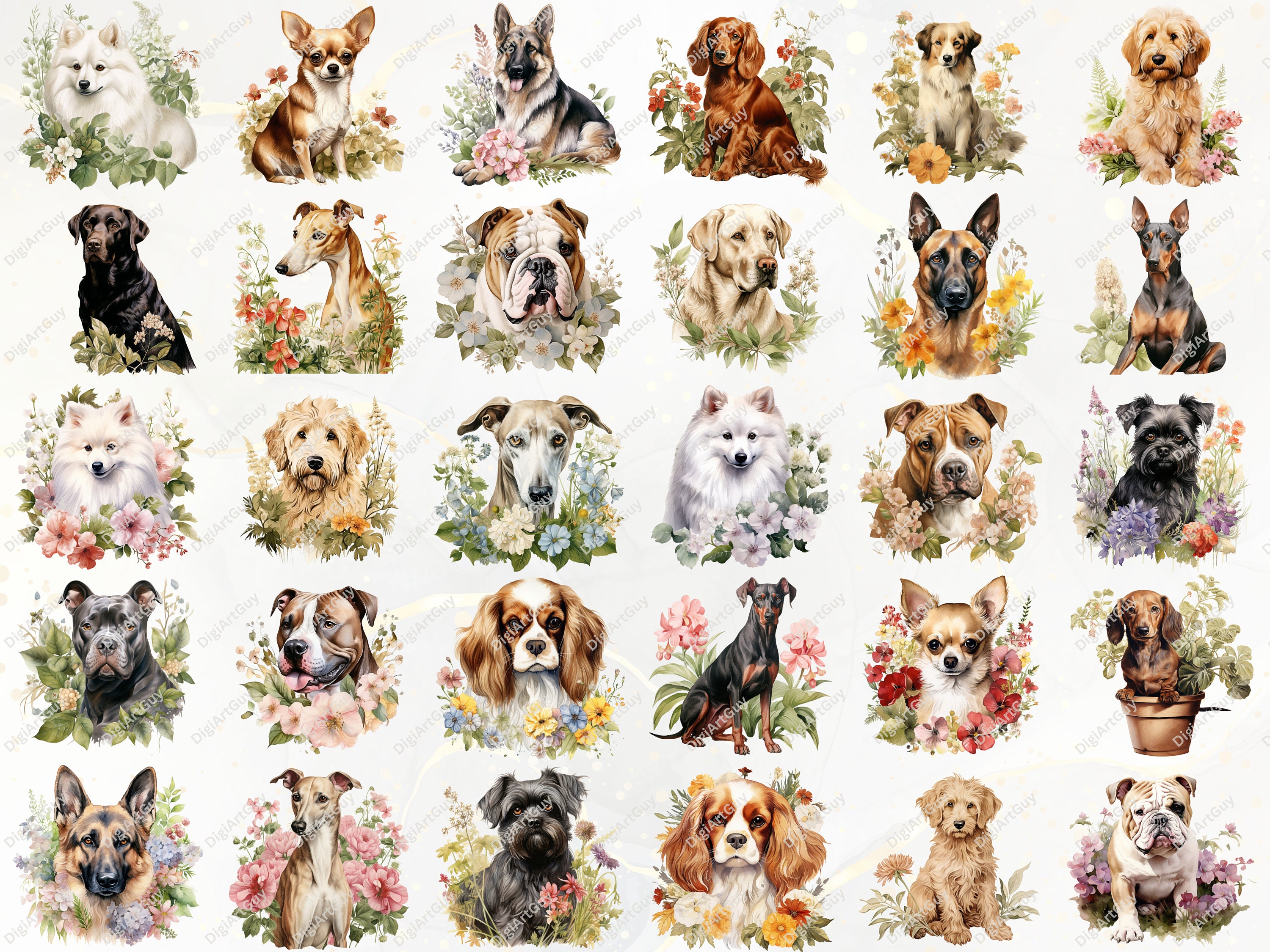 Dog Clipart Watercolor Dogs PNG Dog Breeds PNG Floral Dog Clipart Cute ...