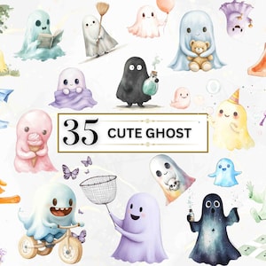 A delightful assortment of 35 whimsical ghosts in various pastel colors, each engaged in fun activities like holding balloons, reading, blowing bubbles, and sliding down a playground slide. Perfect for adding charm to DIY projects, and so on.