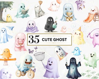Cute Ghost PNG Watercolor Ghost Clipart Cute Spooky Clipart Playful Ghosts Spooky Ghost PNG Bundle Horror Clipart Skulls Commercial License