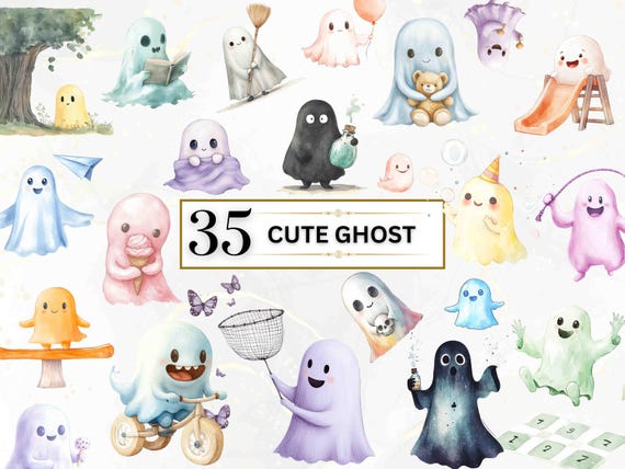 Cute Ghost PNG Watercolor Ghost Clipart Cute Spooky Clipart Playful Ghosts Spooky Ghost PNG Bundle Horror Clipart Skulls Commercial License