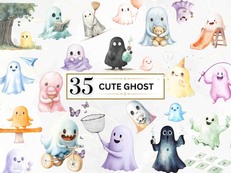 A delightful assortment of 35 whimsical ghosts in various pastel colors, each engaged in fun activities like holding balloons, reading, blowing bubbles, and sliding down a playground slide. Perfect for adding charm to DIY projects, and so on.