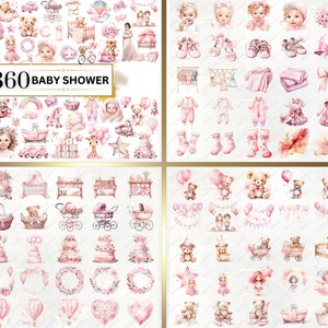 Shows pink baby shower examples from the bundle