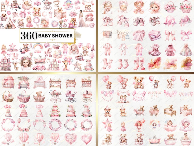 Shows pink baby shower examples from the bundle