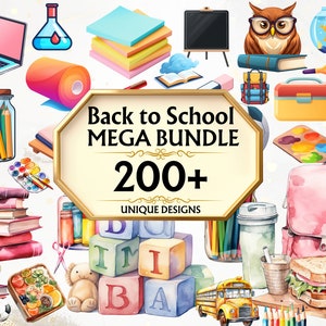 Back to School PNG Mega Bundle - 200+ Watercolor Back to School Clipart, School Decor Classroom Decor Nursery Decoration, Watercolor Clipart