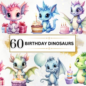 Bundle de cliparts dinosaure aquarelle - 60 PNG d'anniversaire, clipart anniversaire dinosaure, dinosaure mignon PNG, anniversaire Safari, clipart fête dinosaure