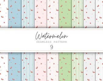 May include: Nine different seamless patterns featuring watermelon slices on various backgrounds, including white, light blue, pink, green, and stripes. The text "Watermelon Seamless Pattern 9" is displayed below the patterns.