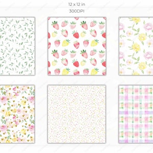 Six pastel spring seamless patterns, including leafy motifs, strawberry prints, and floral elements in soft pink, yellow, and green hues. Perfect for DIY projects, digital prints, and stationery designs.