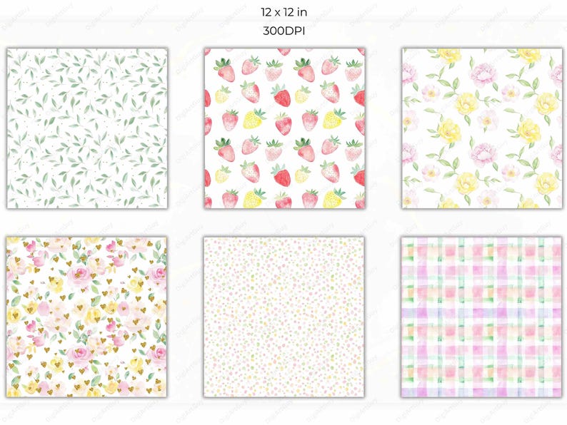 Six pastel spring seamless patterns, including leafy motifs, strawberry prints, and floral elements in soft pink, yellow, and green hues. Perfect for DIY projects, digital prints, and stationery designs.