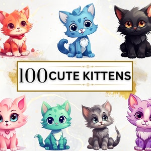 Cute Kittens PNG Bundle - 100 Kittens Clipart PNGs, Cats Clipart, Animals Clipart, Watercolor Animals, Instant Digital Download