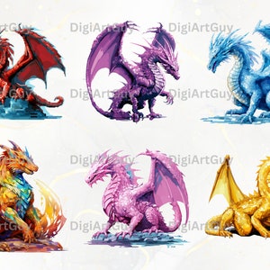 May include: Six colorful dragons with wings spread out. The dragons are in various poses, some are sitting, some are standing, and some are flying. The dragons are all different colors, including red, purple, blue, orange, pink, and gold.