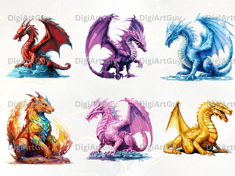 May include: Six colorful dragons with wings spread out. The dragons are in various poses, some are sitting, some are standing, and some are flying. The dragons are all different colors, including red, purple, blue, orange, pink, and gold.