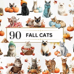 Puede incluir: Ilustración en acuarela con 90 gatos en varias poses, rodeados de calabazas, hojas y decoración otoñal. Los gatos llevan sombreros y bufandas. El texto "90 FALL CATS" se muestra en un marco rectangular.
