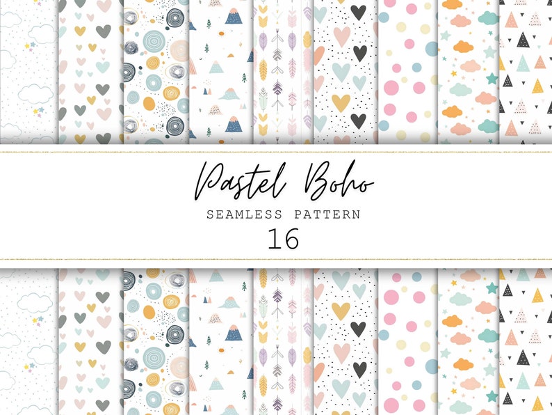 Image shows pastel boho bundle featuring 16 seamless digital papers including rainbows, clouds, hearts, stars, mountains, triangles, dots and more.