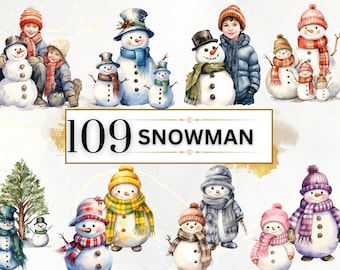 Paquete de imágenes prediseñadas de muñeco de nieve - 109 PNG de imágenes prediseñadas de invierno de acuarela, PNG de invierno, imágenes prediseñadas de muñeco de nieve lindo de acuarela, PNG de muñeco de nieve lindo, familia de muñeco de nieve