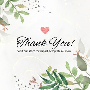 K&ouml;nnte beinhalten: Eine Dankeskarte mit einem handgezeichneten Herzen und gr&uuml;nen Aquarellbl&auml;ttern auf wei&szlig;em Hintergrund. Der Text lautet "Vielen Dank! Besuchen Sie unseren Shop f&uuml;r Cliparts, Vorlagen und mehr!"