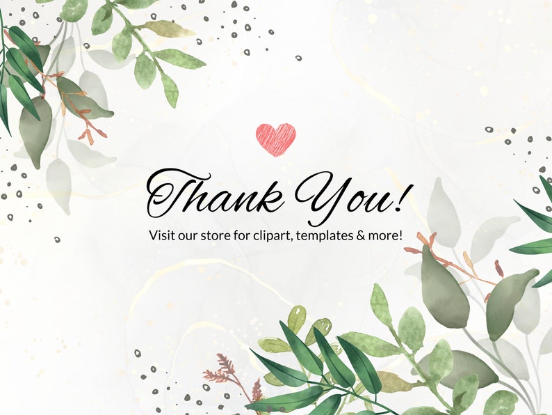 K&ouml;nnte beinhalten: Eine Dankeskarte mit einem handgezeichneten Herzen und gr&uuml;nen Aquarellbl&auml;ttern auf wei&szlig;em Hintergrund. Der Text lautet "Vielen Dank! Besuchen Sie unseren Shop f&uuml;r Cliparts, Vorlagen und mehr!"
