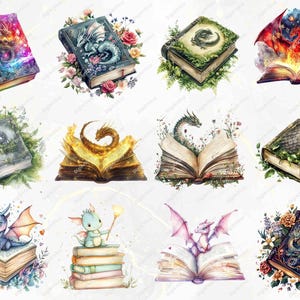 Dragon books designed with enchanting features. Includes a mix of playful baby dragons, fire and ice themes, floral accents, and glowing magical books. Each book showcases unique mystical storytelling elements.