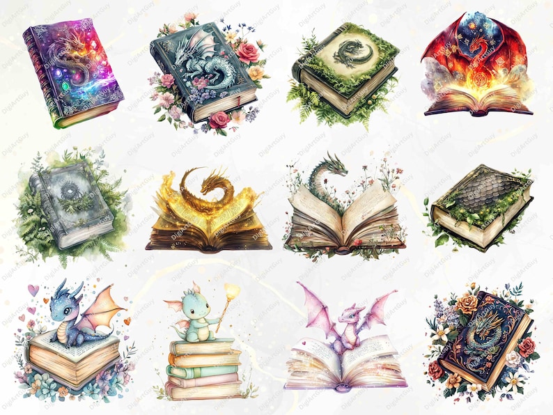 Dragon books designed with enchanting features. Includes a mix of playful baby dragons, fire and ice themes, floral accents, and glowing magical books. Each book showcases unique mystical storytelling elements.