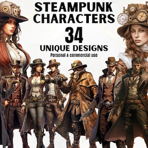 Steampunk Characters Clipart Bundle - 34 Watercolor Steampunk PNGs, Victorian Fantasy Art, Vintage, Commercial Use, Decor, DIY, Printable