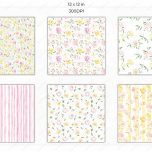 Six additional seamless pattern designs featuring floral arrangements, striped backgrounds, and delicate pastel elements. The designs are arranged in a grid, showing versatility for various creative projects.