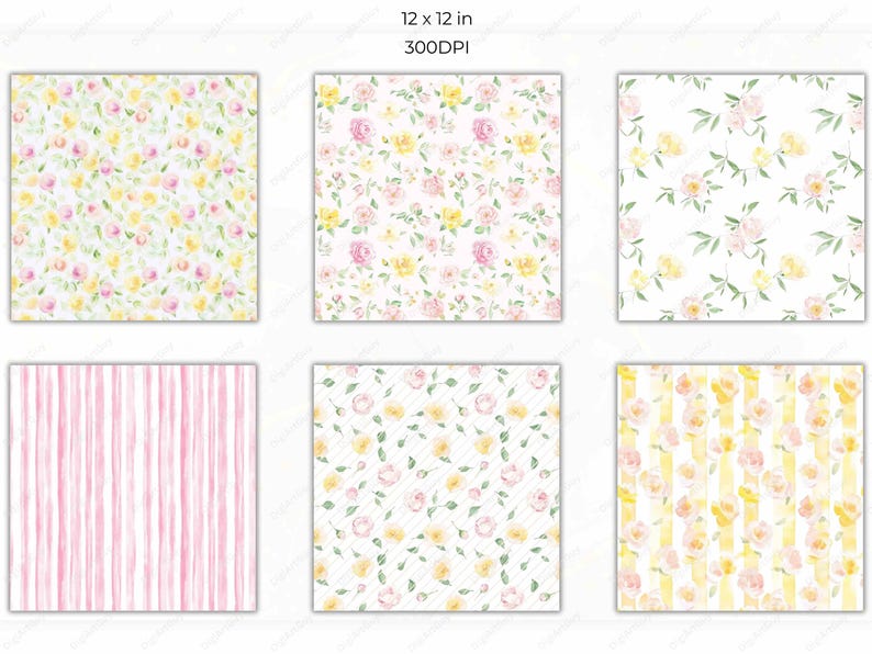 Six additional seamless pattern designs featuring floral arrangements, striped backgrounds, and delicate pastel elements. The designs are arranged in a grid, showing versatility for various creative projects.