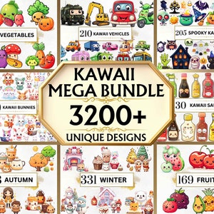 Mega Bundle de cliparts kawaii - plus de 3200 cliparts PNG Kawaii mignon, nourriture Kawaii, bonbons kawaii, boissons kawaii, automne kawaii, animaux kawaii, lapin kawaii