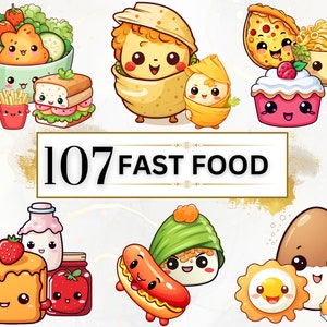 Kawaii Clipart Bundle - 107 Cute Kawaii PNG Clipart Set, Kawaii Food Clipart, Cute Kawaii Fast Food Clipart, Fast Food PNG, Kawaii Stickers