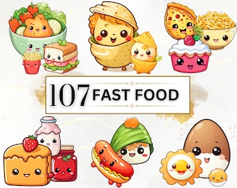 Kawaii Clipart Bundle - 107 Cute Kawaii PNG Clipart Set, Kawaii Food Clipart, Cute Kawaii Fast Food Clipart, Fast Food PNG, Kawaii Stickers