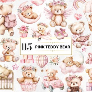 Ours en peluche rose PNG Clipart aquarelle ours en peluche rose Clipart shower de bébé sexe révéler PNG C'est une fille Png clipart chambre d'enfant bébé fille