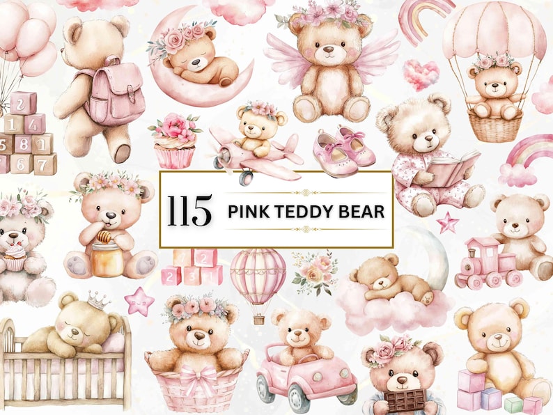 May include: A set of 15 watercolor illustrations featuring pink teddy bears in various poses and settings. The bears are depicted in a variety of activities, including sleeping, playing, and reading. The illustrations are perfect for use in scrapbooking, card making, and other craft projects.