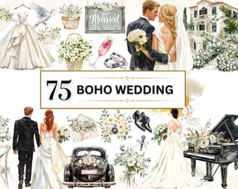 Wedding Clipart PNG Watercolor Wedding PNG Boho Wedding Clip Art Bride Clipart Groom Clipart Wedding Day PNG Marriage Clipart Commercial Use
