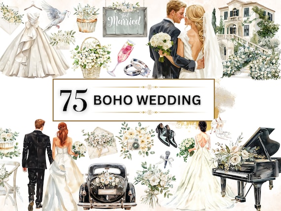Wedding Clipart PNG Watercolor Wedding PNG Boho Wedding Clip Art Bride Clipart Groom Clipart Wedding Day PNG Marriage Clipart Commercial Use