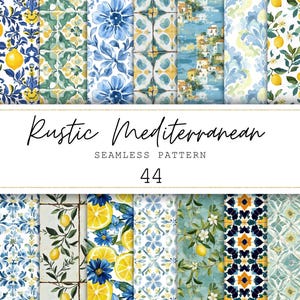 Papel digital de verano con estampados mediterráneos sin costuras, fondos azules, estampado floral sin costuras, papel de diario basura