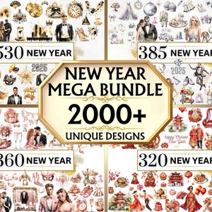 Image shows New Year Mega Bundle Clipart featuring rose gold, silver, Chinese, boho, gold and black themed new year clipart including people celebrating new year eve, food, suits, dresses, accessories, shoes, masks, fireworks, animals and more.