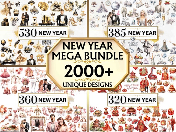 New Year's 2025 Clipart - 2000+ Watercolor New Year Clipart PNGs Boho New Years Eve Party Clipart Happy New Year PNG Chinese New Year Bundle