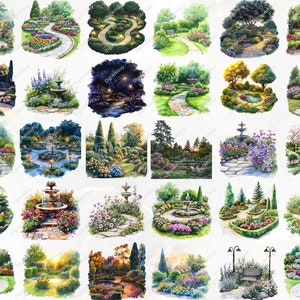 A preview of various garden landscape watercolor illustrations, featuring tranquil pathways, vibrant floral arrangements, and peaceful garden fountains. Ideal for digital storytelling, home decor, and crafting beautiful art projects.