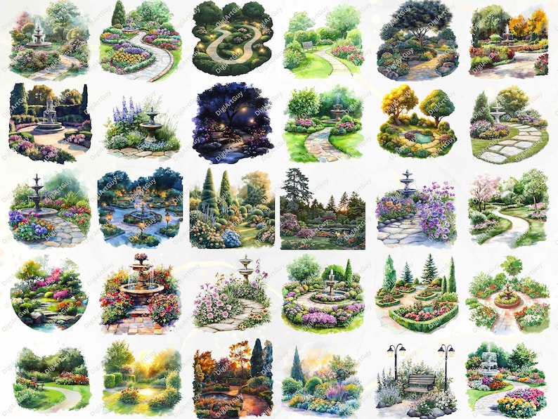 A preview of various garden landscape watercolor illustrations, featuring tranquil pathways, vibrant floral arrangements, and peaceful garden fountains. Ideal for digital storytelling, home decor, and crafting beautiful art projects.