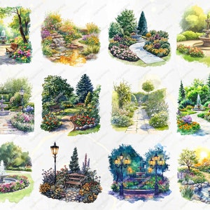 A vibrant display of garden landscapes including water fountains, stone walkways, and flower-filled gardens. Each high-resolution PNG image is perfect for garden-inspired designs like scrapbooking, home decor, or creating custom projects.