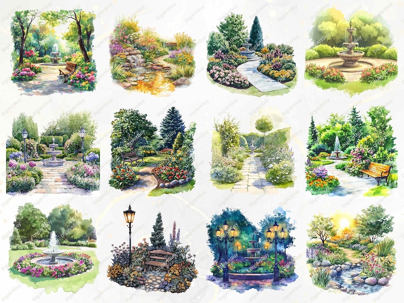 A vibrant display of garden landscapes including water fountains, stone walkways, and flower-filled gardens. Each high-resolution PNG image is perfect for garden-inspired designs like scrapbooking, home decor, or creating custom projects.