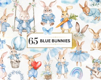 Clipart de conejito azul, clipart de conejo de primavera en acuarela, clipart de guardería, clipart de animales, clipart de primavera, clipart de conejo lindo, clipart de conejo de primavera, clipart de conejo lindo