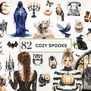 This image features 82 spooky clipart including cat, ravens, skulls, bats, candelabra, house, a skeleton table, a telephone, cupcakes, pumpkins, and owls. Colors used include black, beige, gray, and soft gold accents for a spooky yet cozy atmosphere.