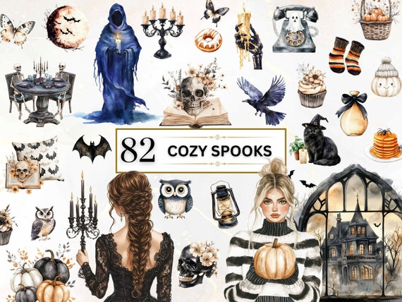 Cozy Spooky Clipart Gothic PNG Watercolor Spooky Season PNG Horror PNG Fall Clipart Ghost Png Cute Spooky Pngs Girls Clipart Witches Skulls