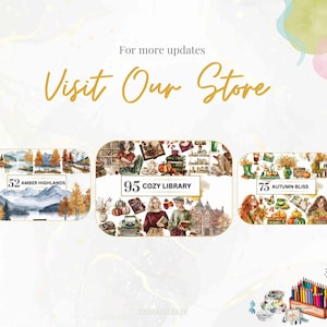 Visit the store slide showing previews of other clipart collections like "Amber Highlands," "Cozy Library," and "Autumn Bliss," featuring rustic, countryside, and seasonal elements with warm tones and charming illustrations.