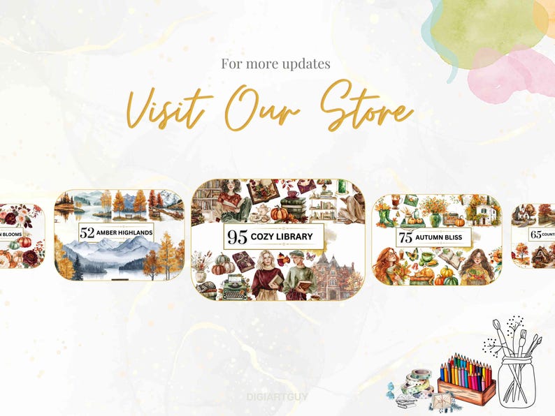 Visit the store slide showing previews of other clipart collections like "Amber Highlands," "Cozy Library," and "Autumn Bliss," featuring rustic, countryside, and seasonal elements with warm tones and charming illustrations.