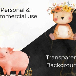 Personal and commercial use options for woodland clipart, featuring a pig and a bear with a flower crown. These high-resolution PNGs with transparent backgrounds are great for various design applications like invitations, posters, or stickers.
