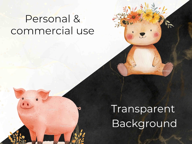 Personal and commercial use options for woodland clipart, featuring a pig and a bear with a flower crown. These high-resolution PNGs with transparent backgrounds are great for various design applications like invitations, posters, or stickers.