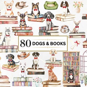 Op de afbeelding: Een verzameling van 80 aquarel illustraties met honden en boeken. De illustraties zijn kleurrijk en fantasierijk, met honden van verschillende rassen die zitten, staan en met boeken spelen. De illustraties zijn perfect voor gebruik in scrapbooking, kaart maken en andere knutselprojecten.