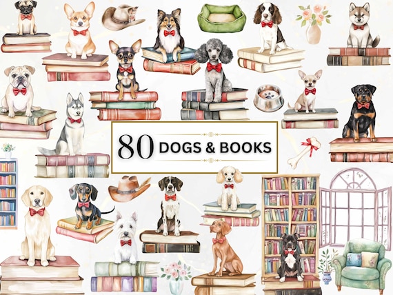 Dogs & Book Clipart Watercolor Book PNG Dog Breed Clipart Library PNG Vintage Book Lover Clipart Bookworm PNG Book Graphics Book Reading Png